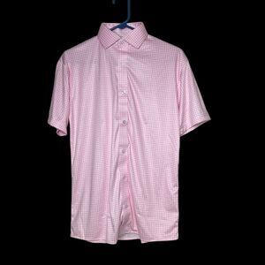 Collars & Co Polo Shirt Mens Small Pink Gingham Plaid Button Up Quattro Flex NEW